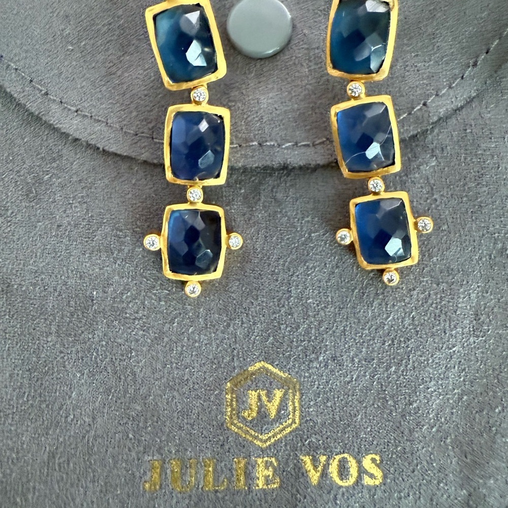 Julie Vos NWOT gold drop earrings with sapphire colored cut stones - Picture 3 of 6